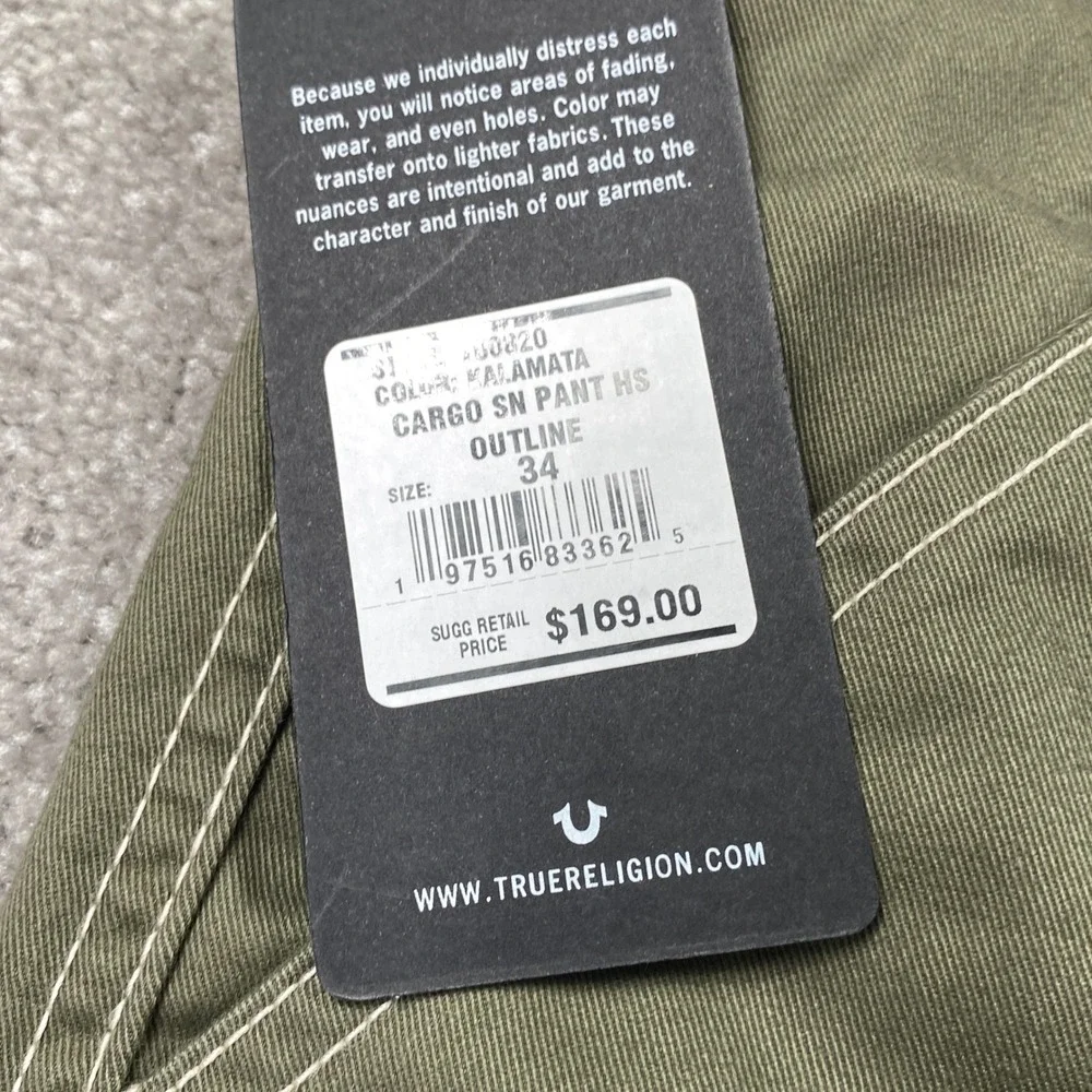 True Religion Cargo SN Pant HS Outline Mens 34 Kalamata Green Contrast Stitch